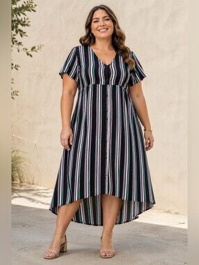 Love & Legend Plus Size 4x: Striped Black High-Low Button-Front Dress